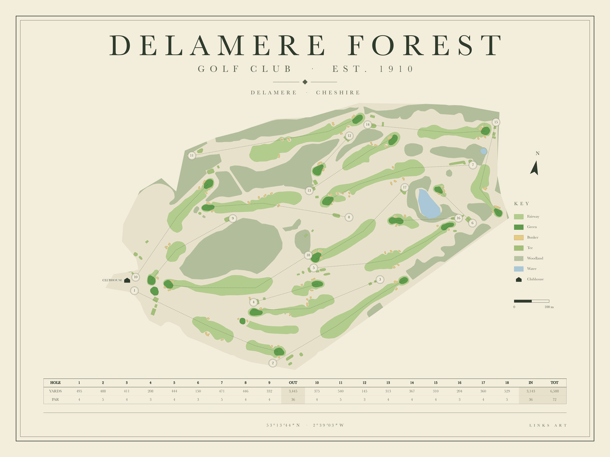 Delamere Forest golf course map poster, landscape