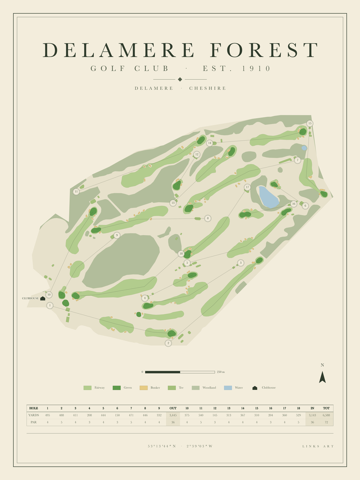 Delamere Forest golf course map poster, portrait