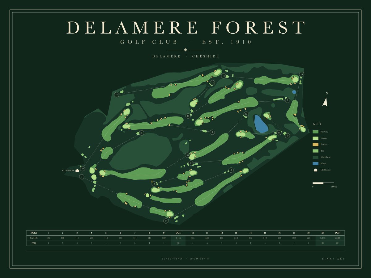 Delamere Forest golf course map poster, Fescue, landscape