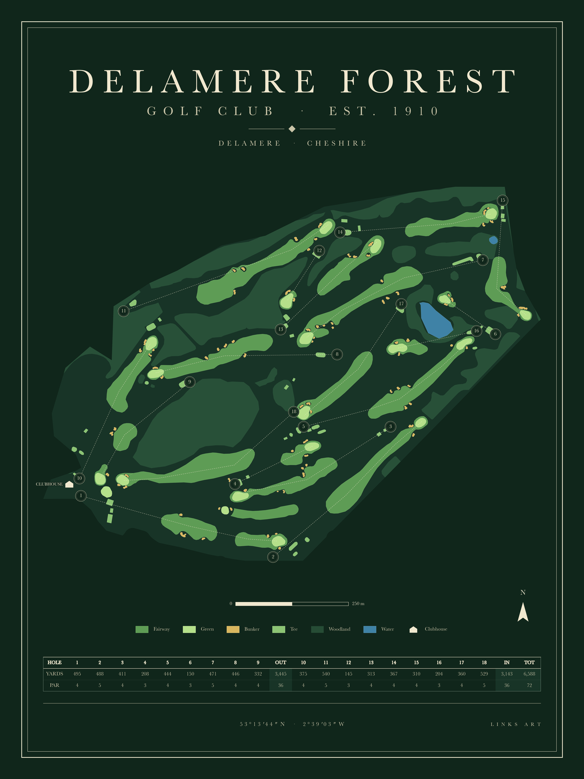 Delamere Forest golf course map poster, Fescue, portrait