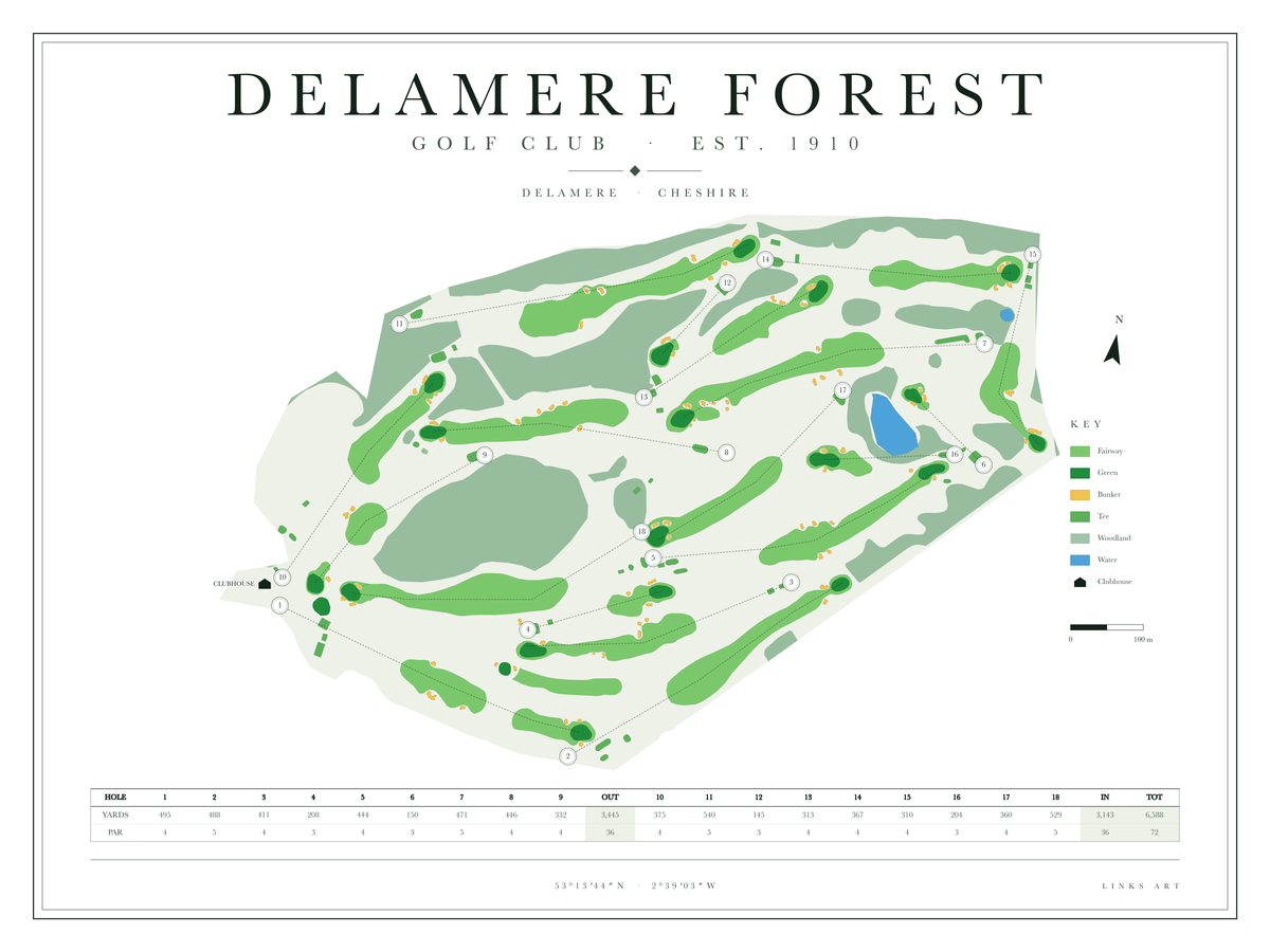 Delamere Forest golf course map poster, Chalk, landscape