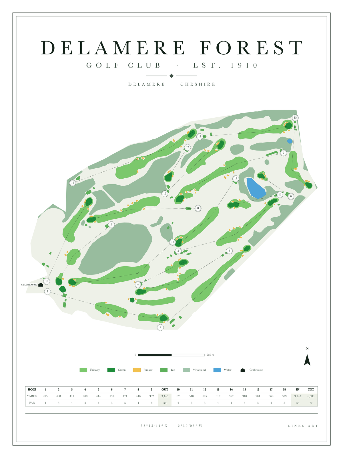 Delamere Forest golf course map poster, Chalk, portrait