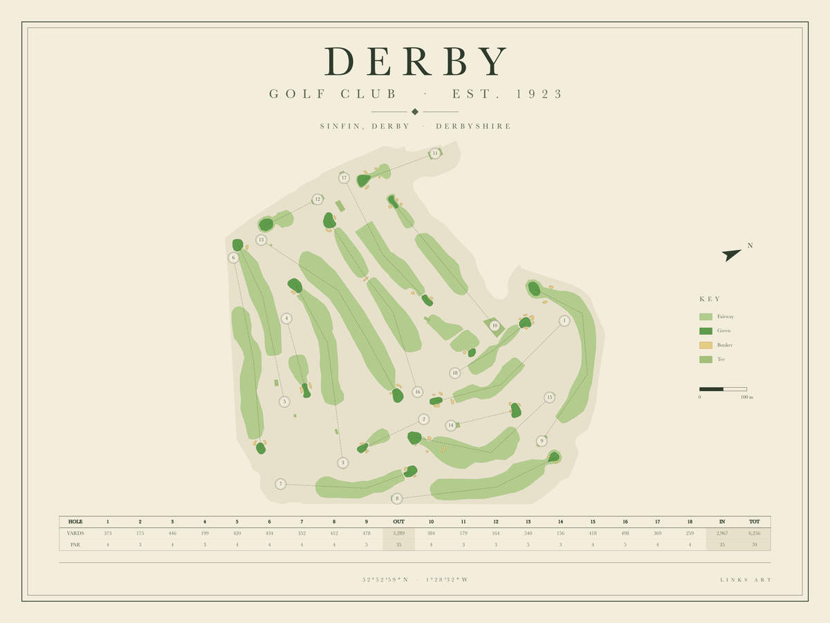 Derby golf course map poster, landscape