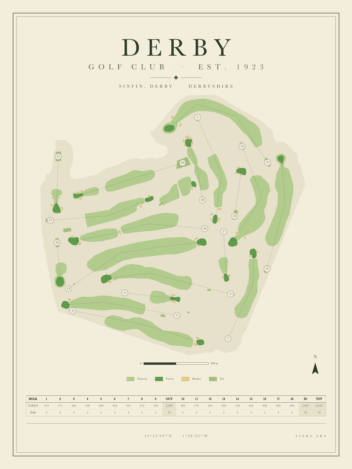 Derby golf course map poster, portrait
