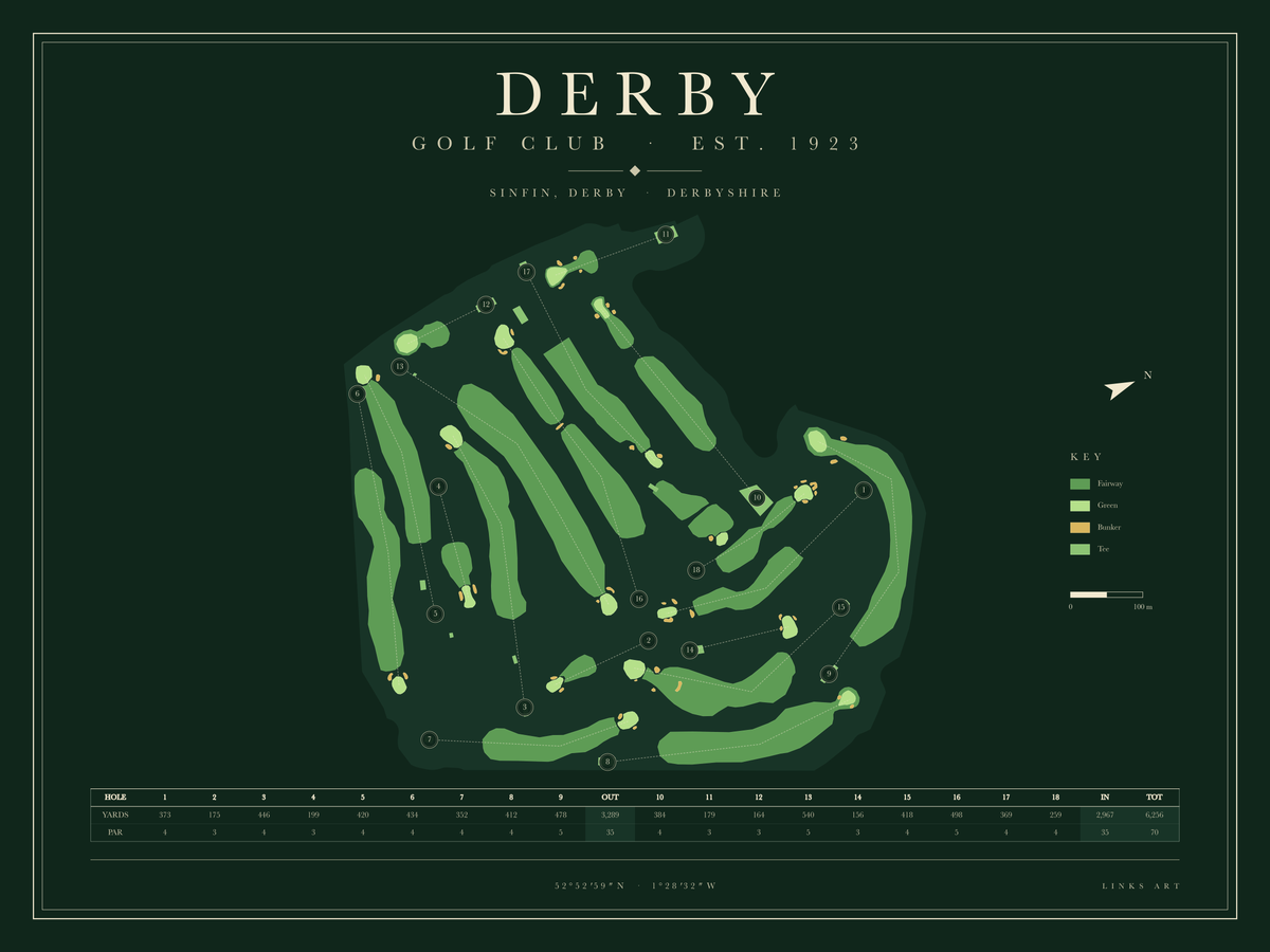 Derby golf course map poster, Fescue, landscape