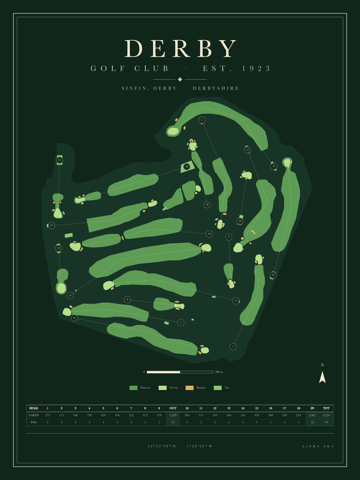 Derby golf course map poster, Fescue, portrait