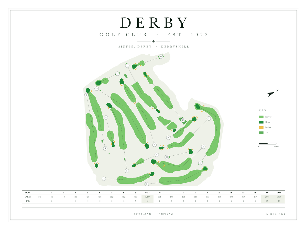 Derby golf course map poster, Chalk, landscape
