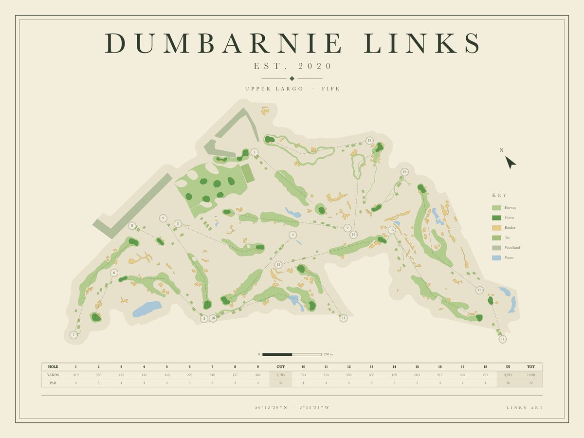 Dumbarnie Links golf course map poster, landscape