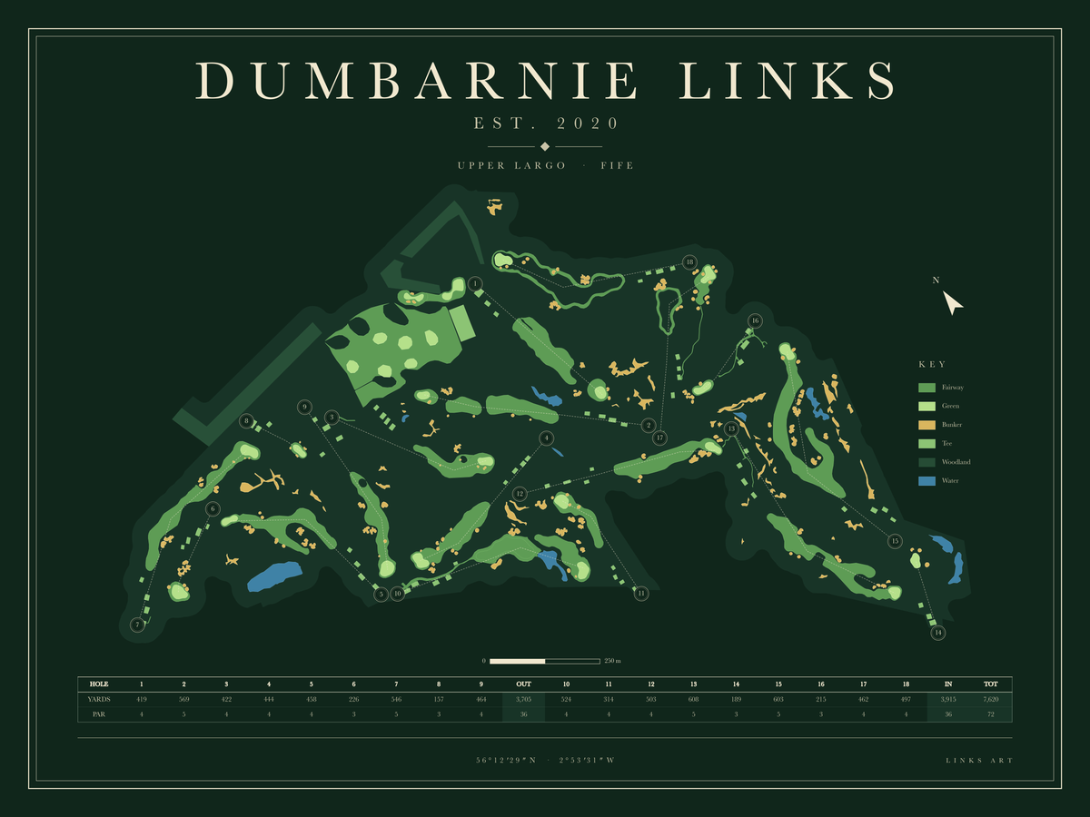 Dumbarnie Links Map golf course map poster, Fescue, landscape
