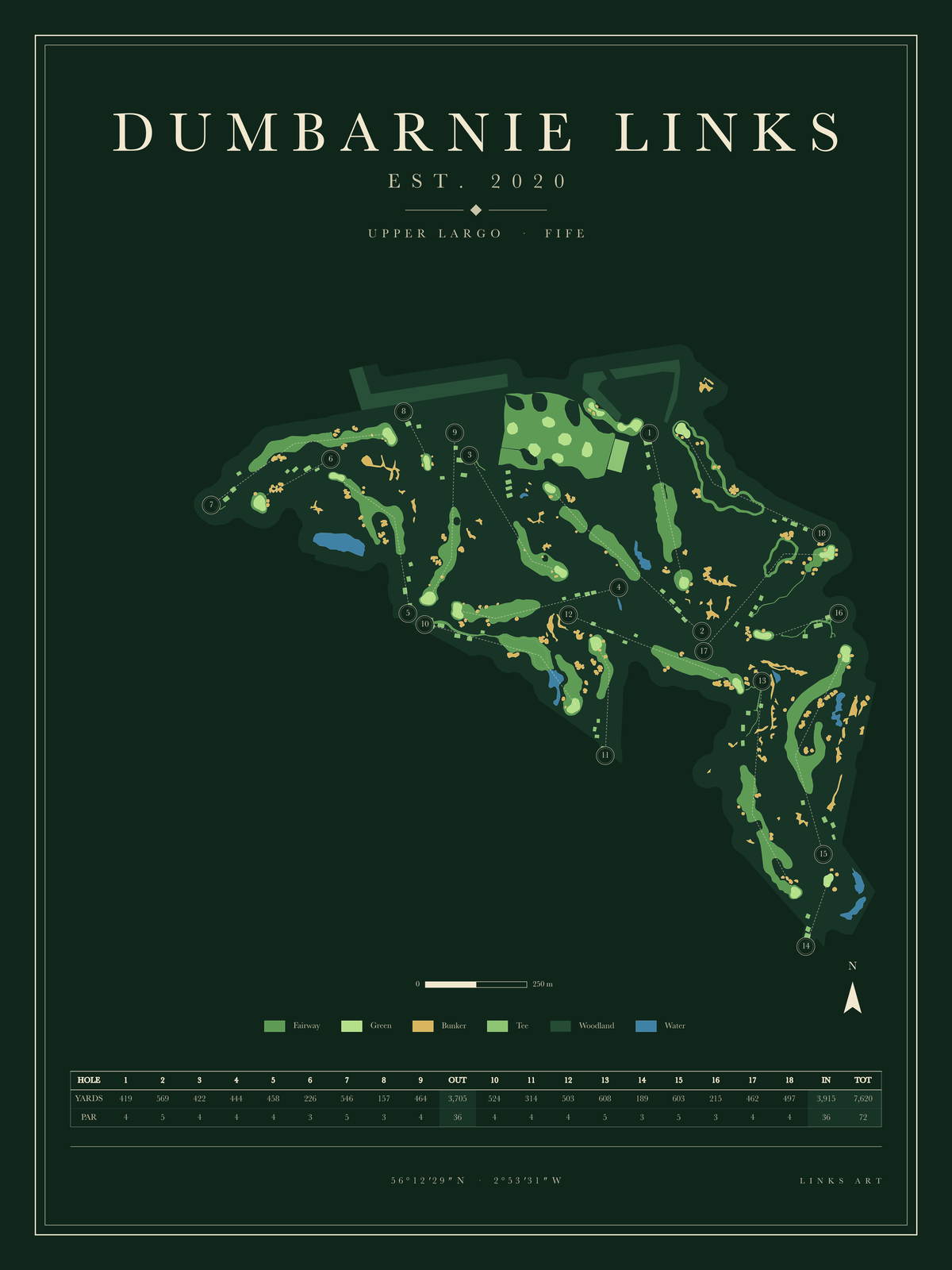 Dumbarnie Links Map golf course map poster, Fescue, portrait