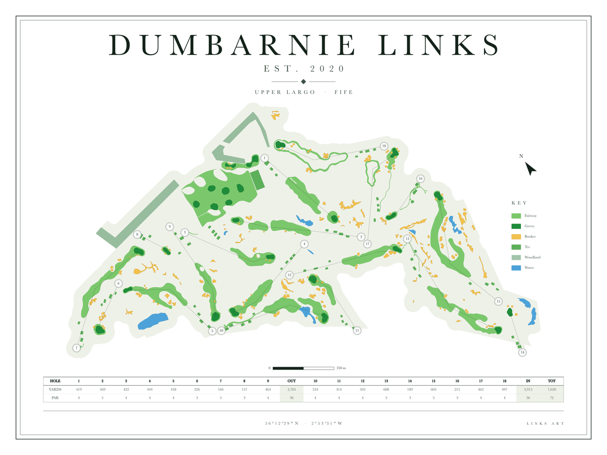 Dumbarnie Links Map golf course map poster, Chalk, landscape
