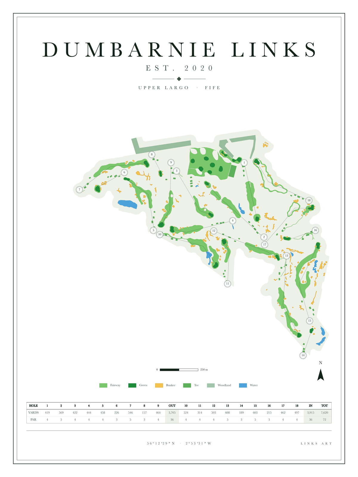 Dumbarnie Links Map golf course map poster, Chalk, portrait