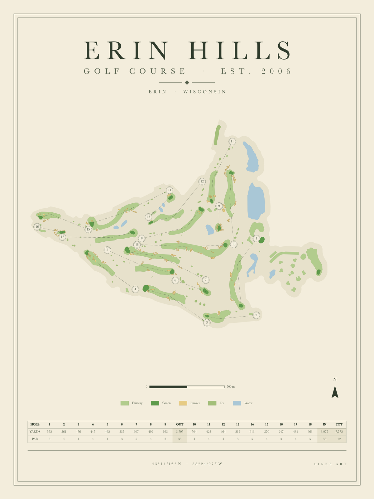 Erin Hills golf course map poster, portrait
