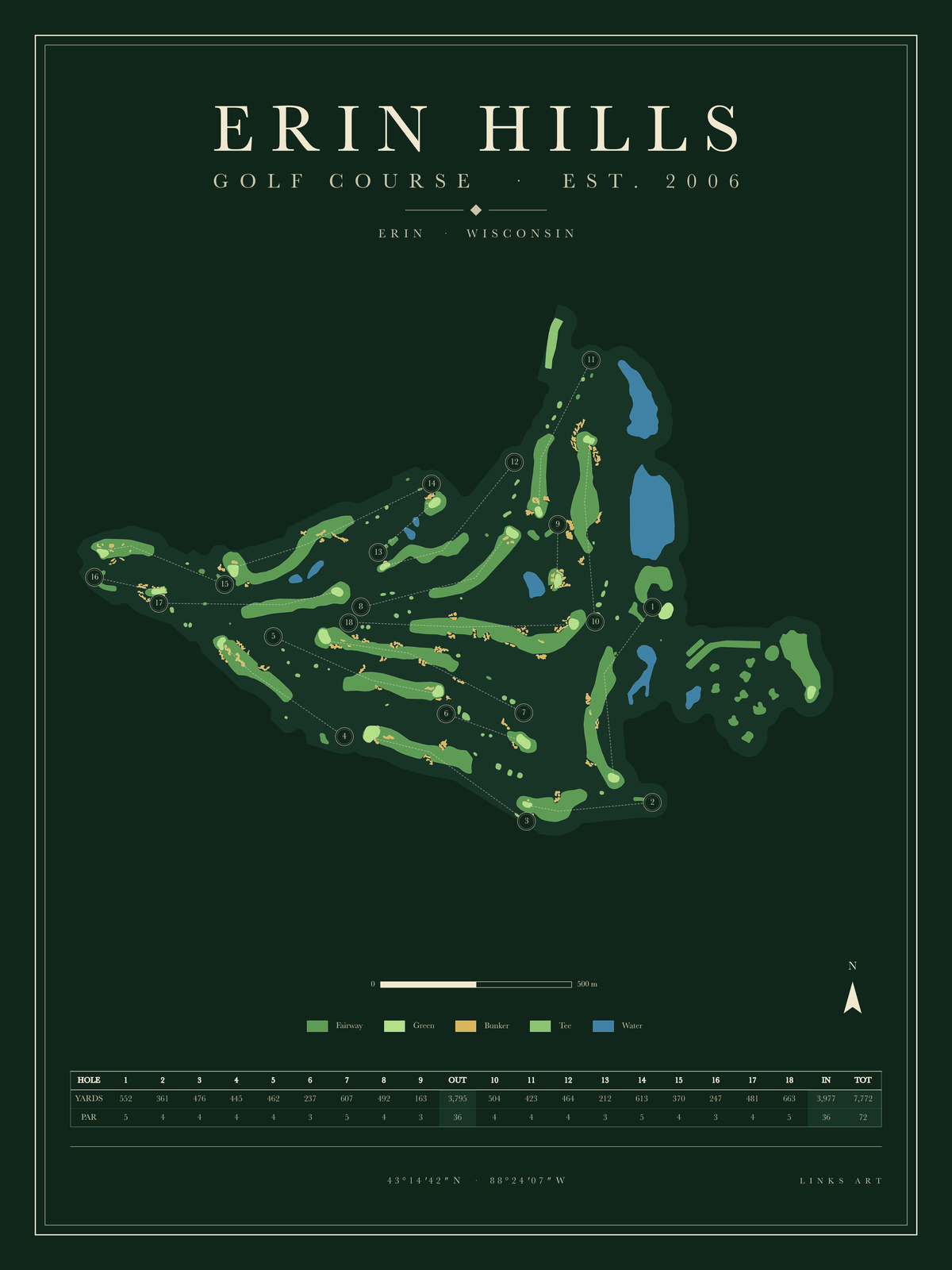 Erin Hills golf course map poster, Fescue, portrait