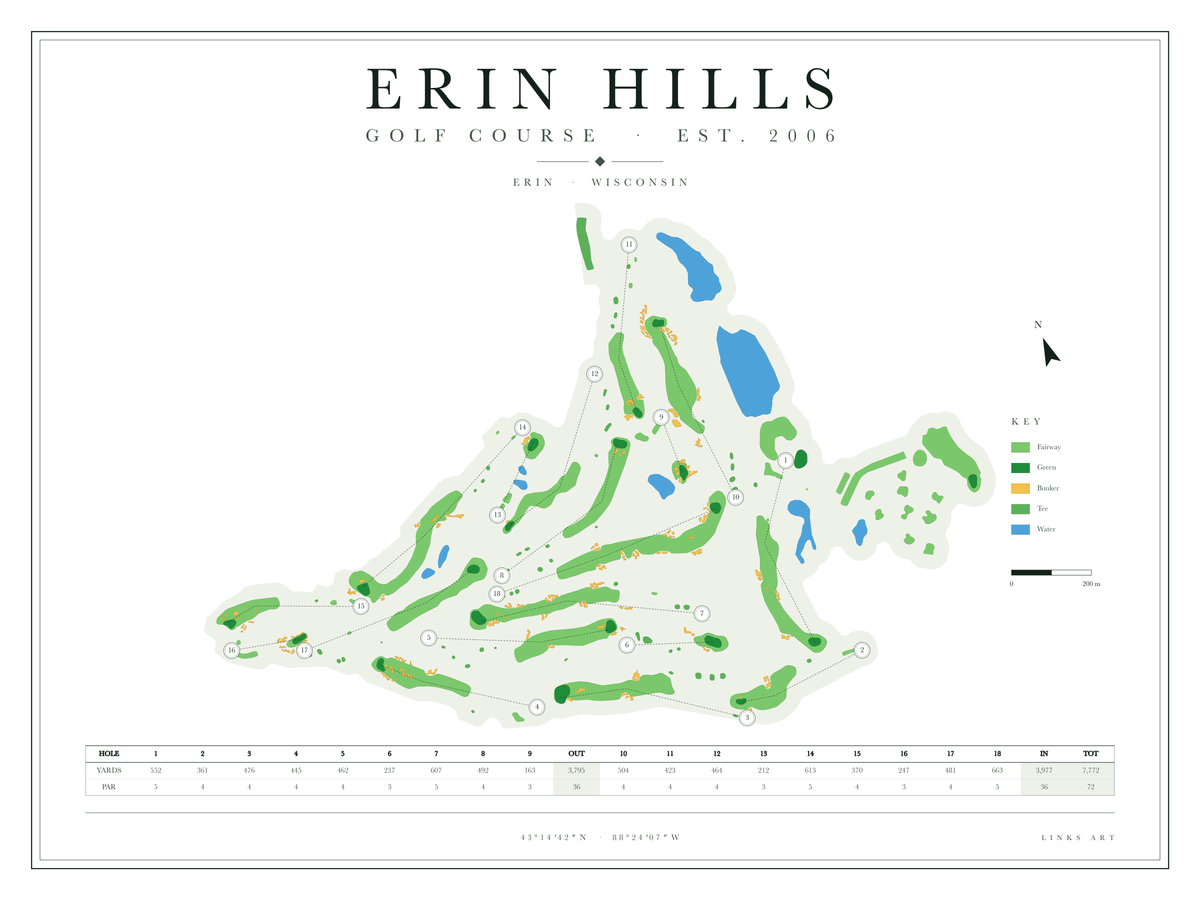 Erin Hills golf course map poster, Chalk, landscape