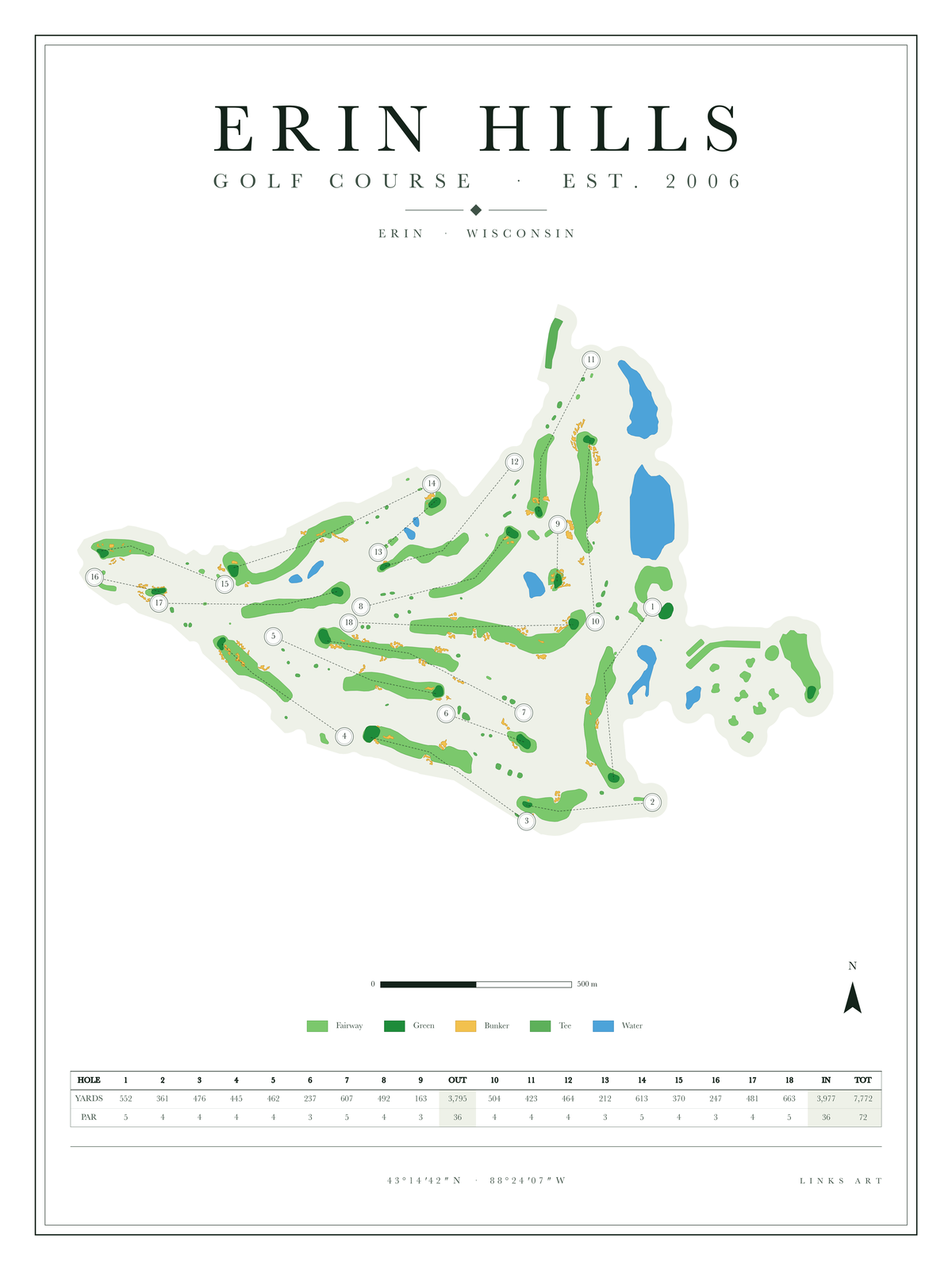 Erin Hills golf course map poster, Chalk, portrait