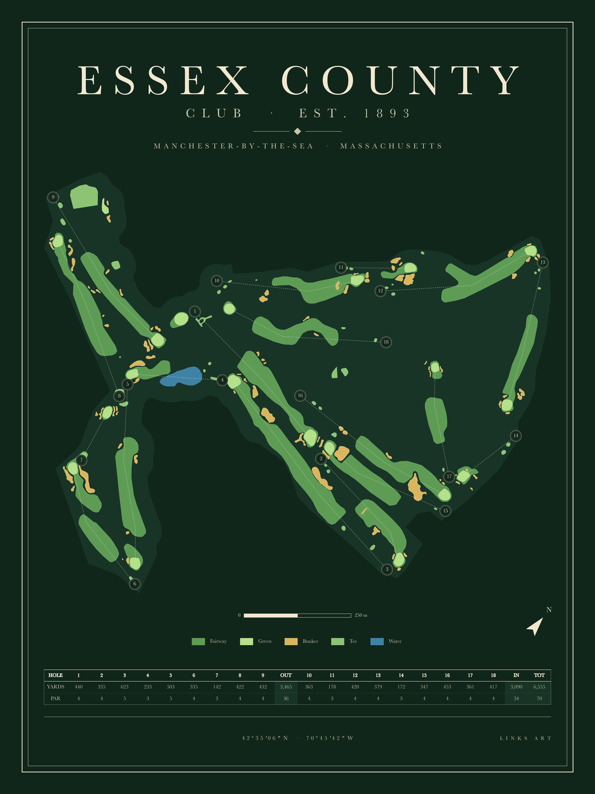 Essex County golf course map poster, Fescue, portrait