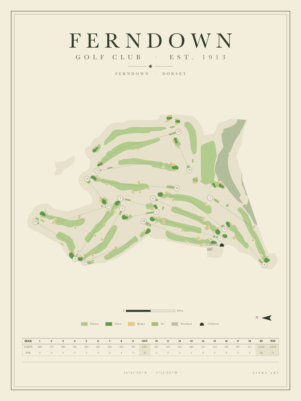 Ferndown golf course map poster, portrait