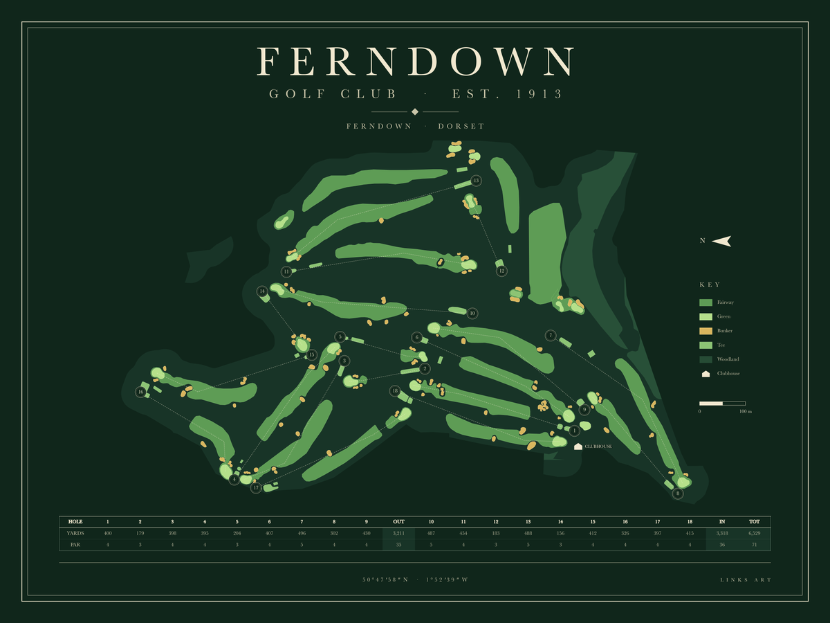 Ferndown golf course map poster, Fescue, landscape