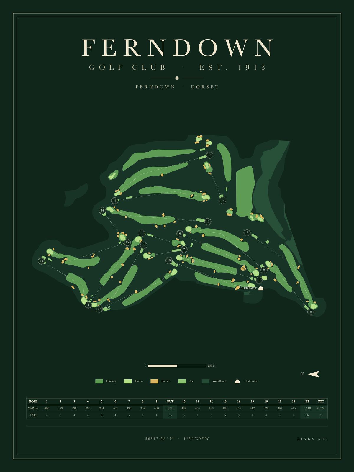 Ferndown golf course map poster, Fescue, portrait