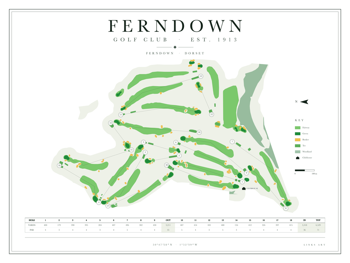 Ferndown golf course map poster, Chalk, landscape