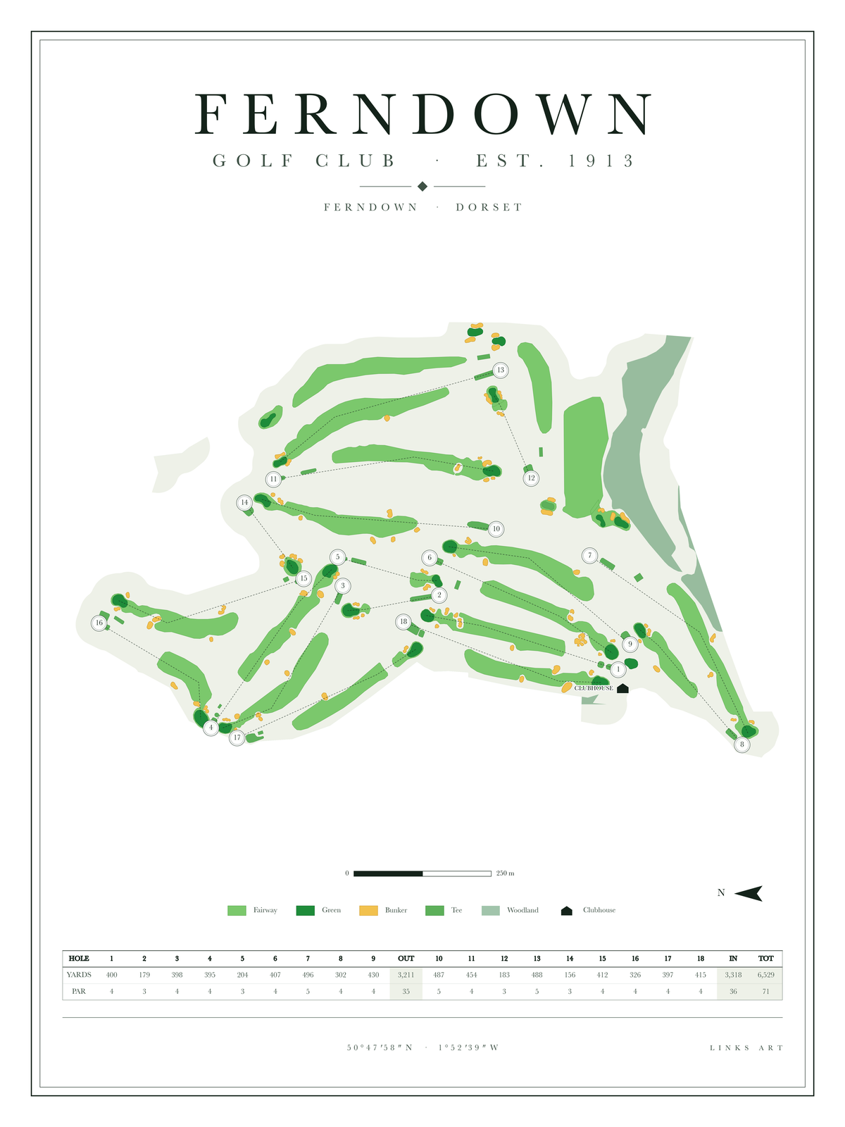 Ferndown golf course map poster, Chalk, portrait