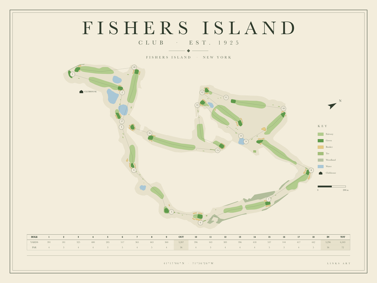 Fishers Island golf course map poster, landscape