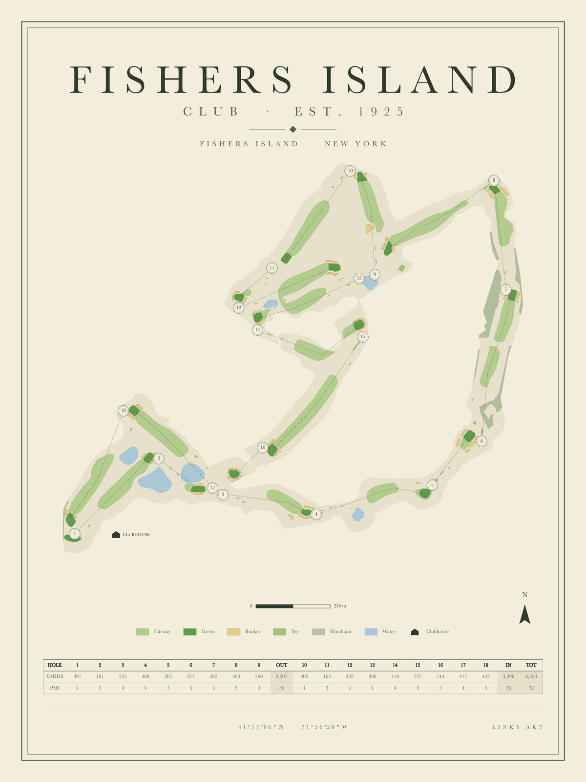 Fishers Island golf course map poster, portrait