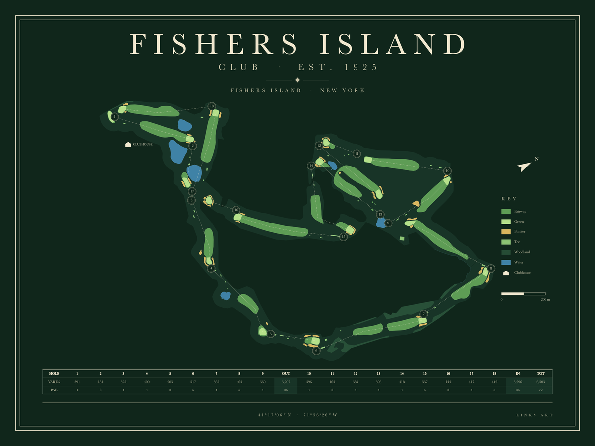 Fishers Island golf course map poster, Fescue, landscape