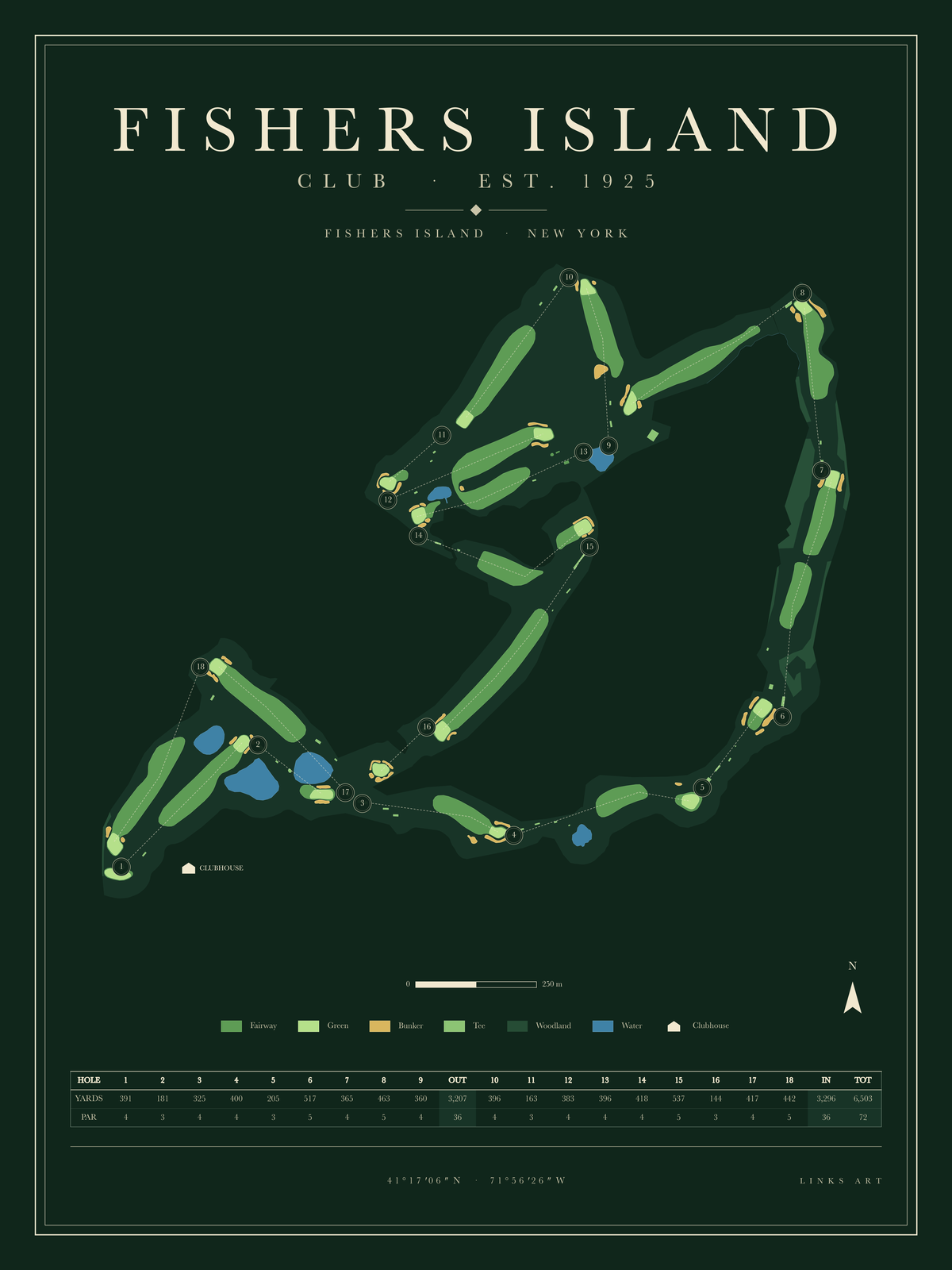 Fishers Island golf course map poster, Fescue, portrait
