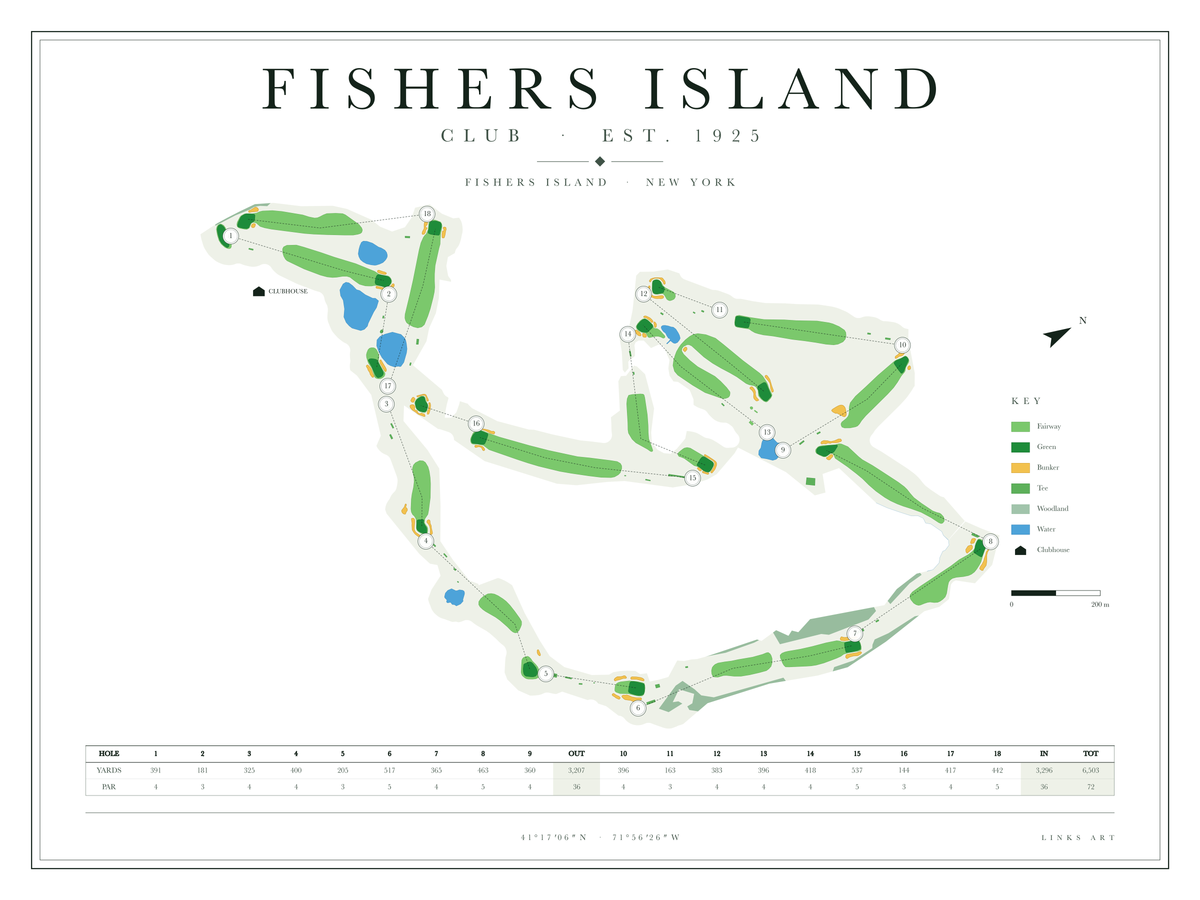 Fishers Island golf course map poster, Chalk, landscape