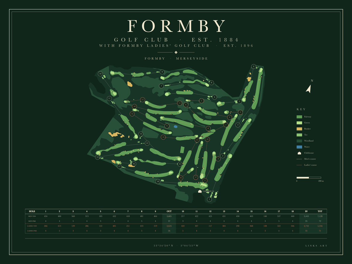 Formby golf course map poster, Fescue, landscape