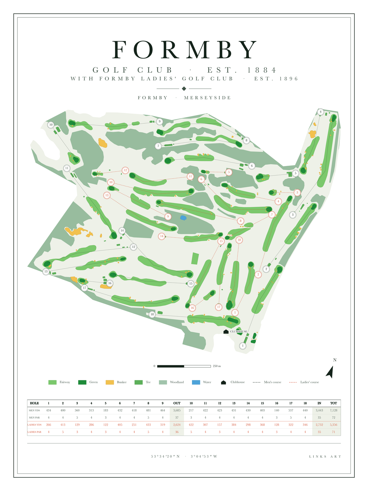 Formby golf course map poster, Chalk, portrait