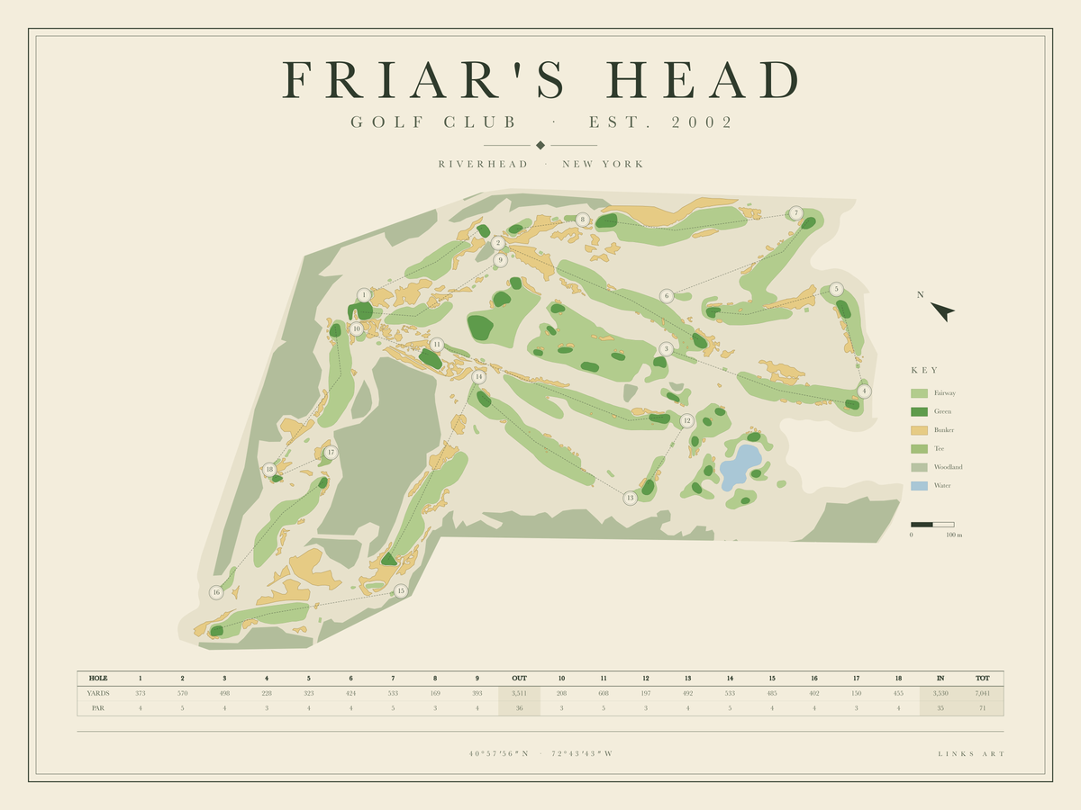 Friar's Head golf course map poster, landscape