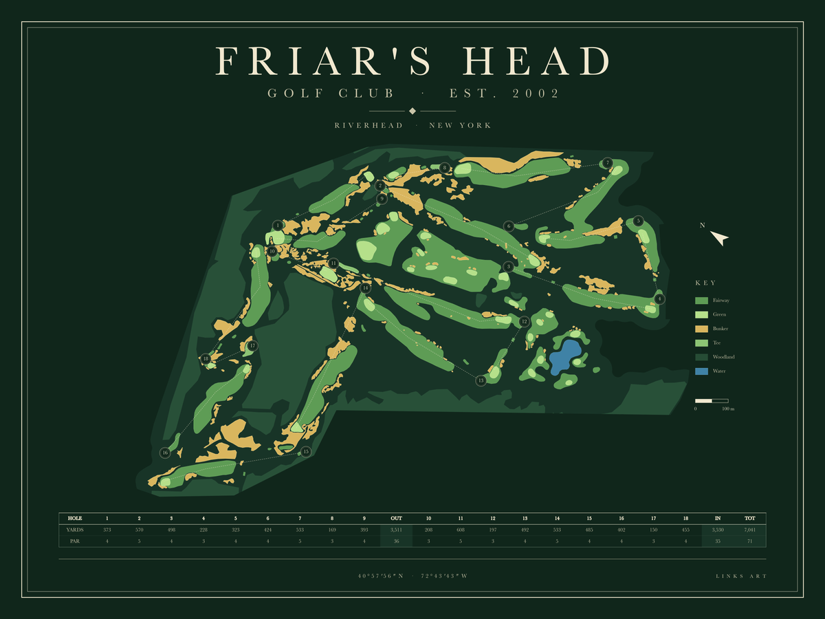 Friar's Head golf course map poster, Fescue, landscape