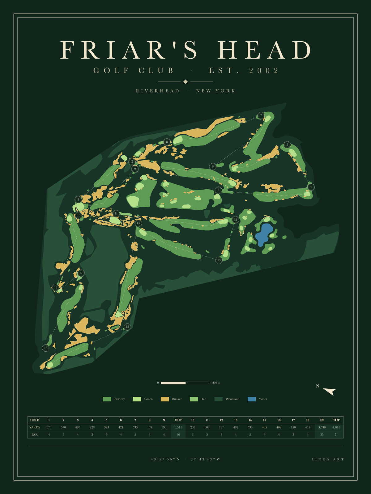 Friar's Head golf course map poster, Fescue, portrait