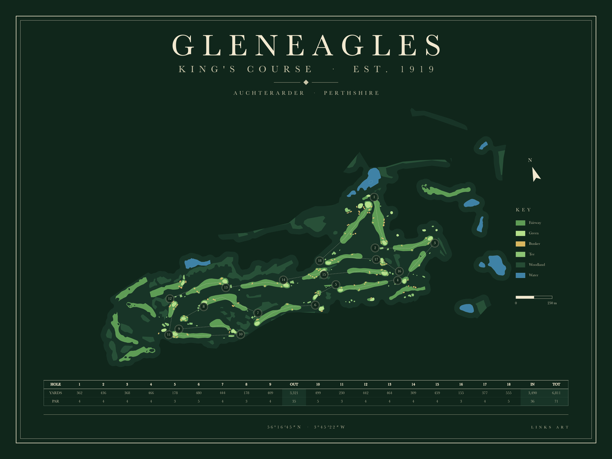 Gleneagles King's Course golf course map poster, Fescue, landscape