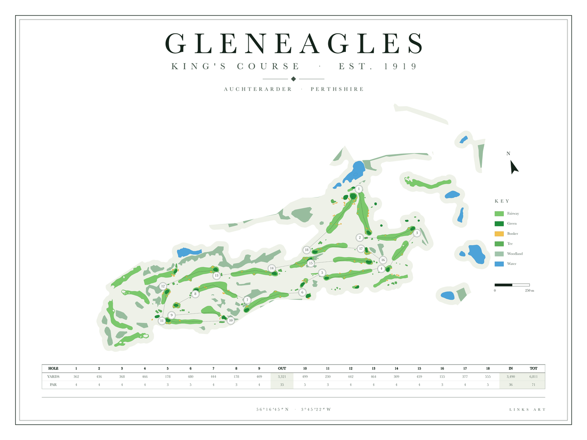 Gleneagles King's Course golf course map poster, Chalk, landscape