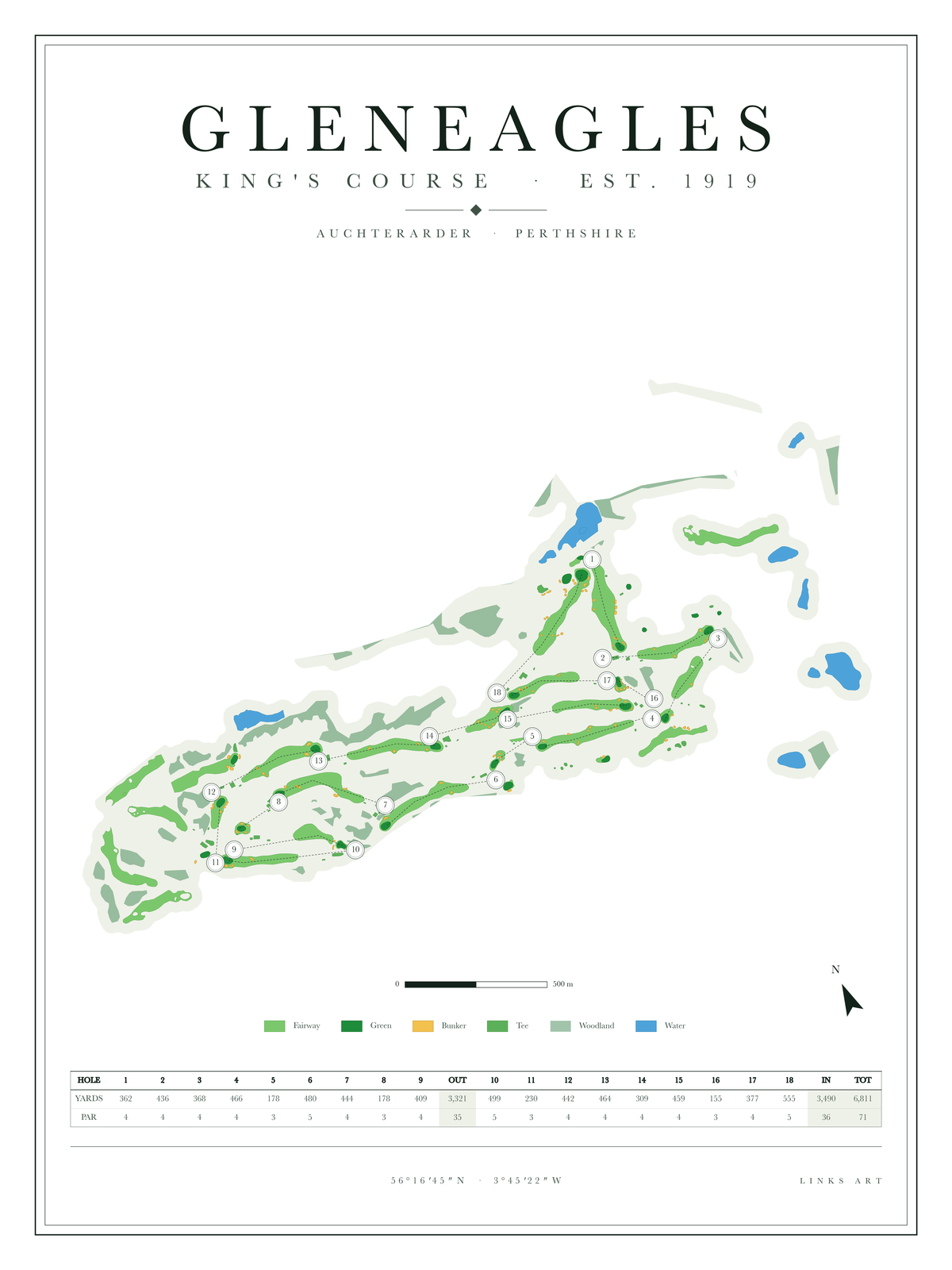 Gleneagles King's Course golf course map poster, Chalk, portrait