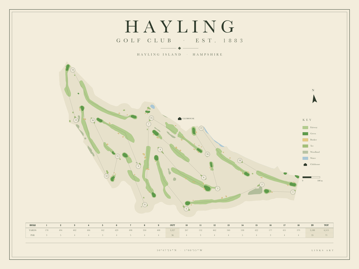 Hayling golf course map poster, landscape