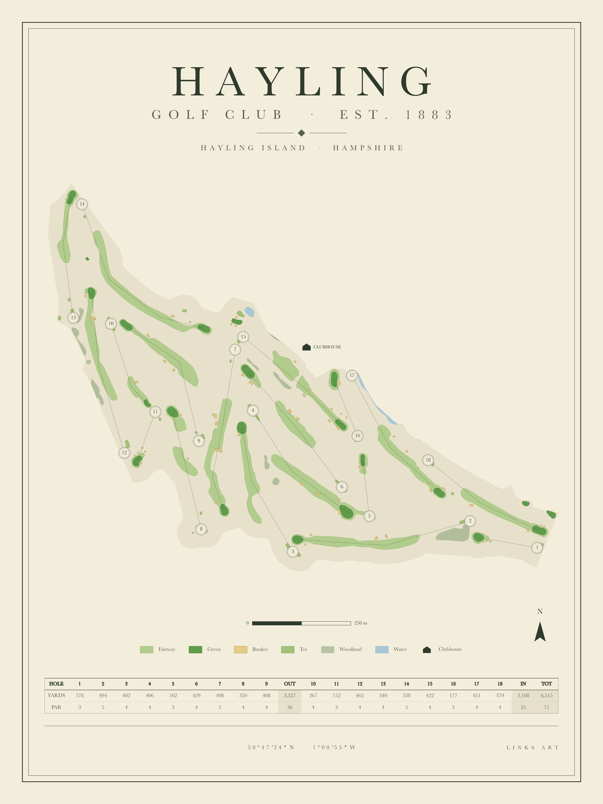 Hayling golf course map poster, portrait