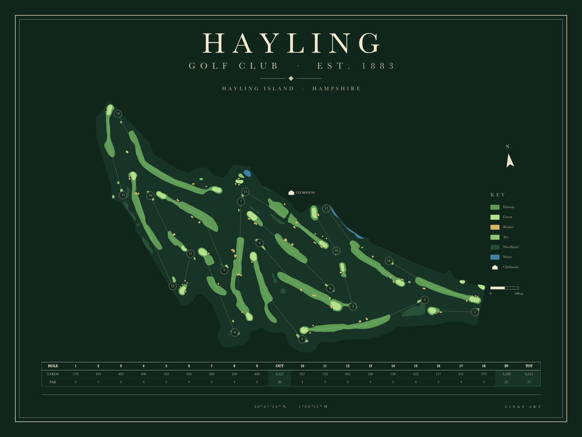 Hayling golf course map poster, Fescue, landscape