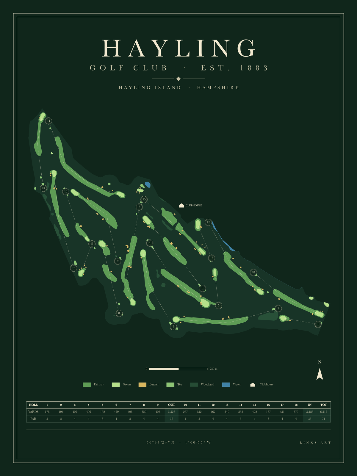 Hayling golf course map poster, Fescue, portrait