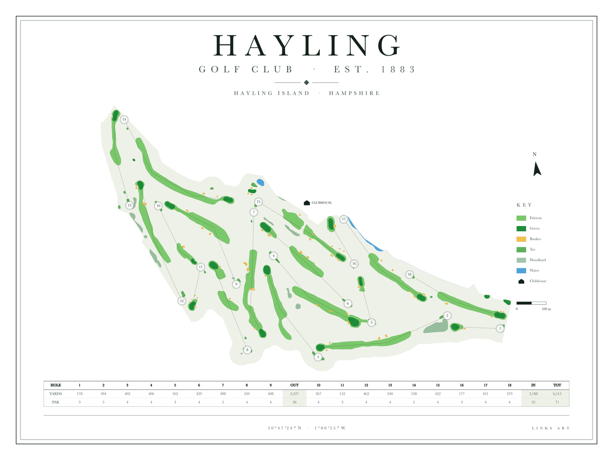 Hayling golf course map poster, Chalk, landscape