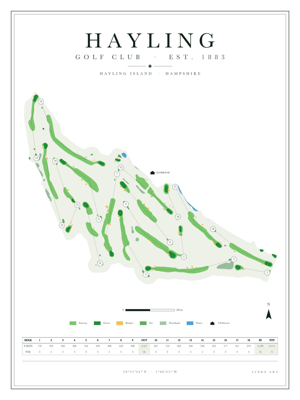 Hayling golf course map poster, Chalk, portrait