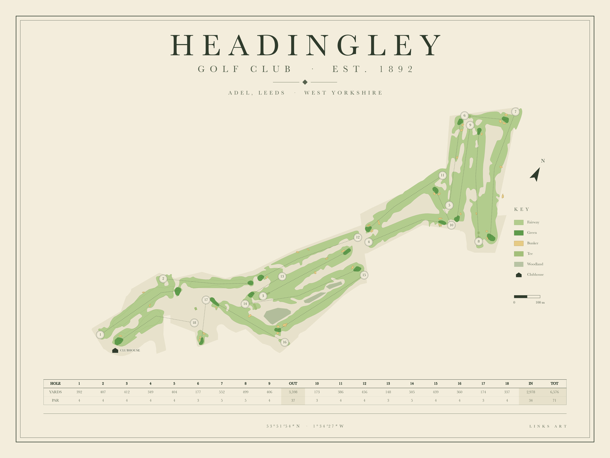 Headingley golf course map poster, landscape