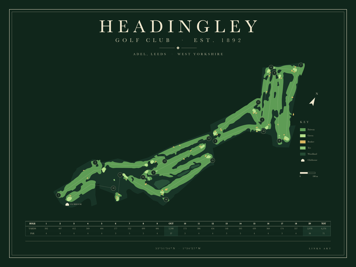 Headingley golf course map poster, Fescue, landscape