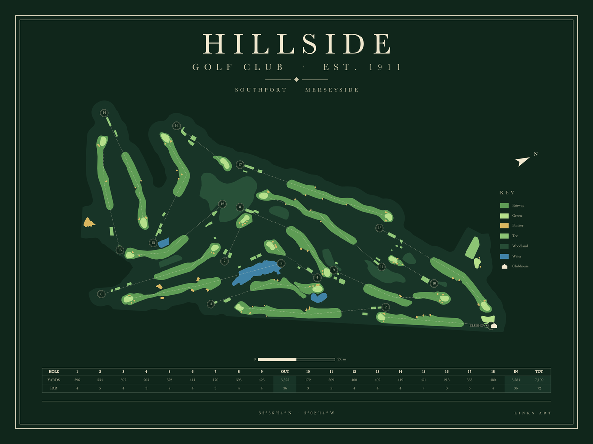 Hillside golf course map poster, Fescue, landscape