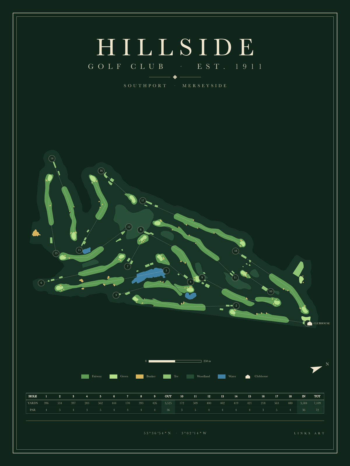Hillside golf course map poster, Fescue, portrait