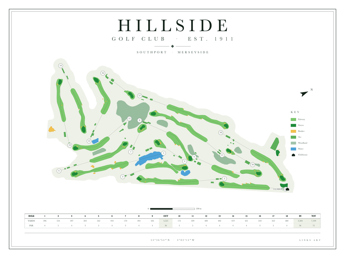 Hillside golf course map poster, Chalk, landscape